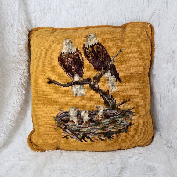 Vintage Bald Eagle Family Needlepoint Petit Point Pillow Gold Velvet Americana - Picture 1 of 9
